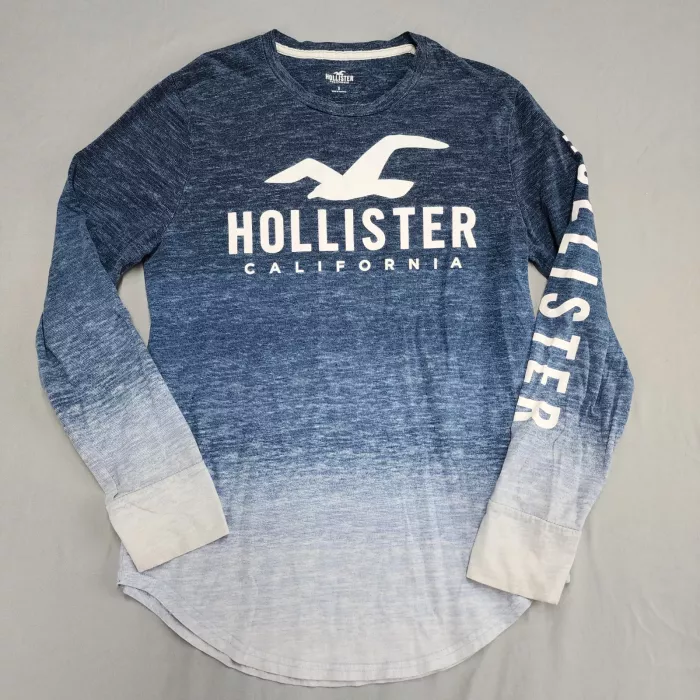 Hollister Mens Size S Blue Ombre Long Sleeve T-Shirt Graphic Logo Cotton - Front