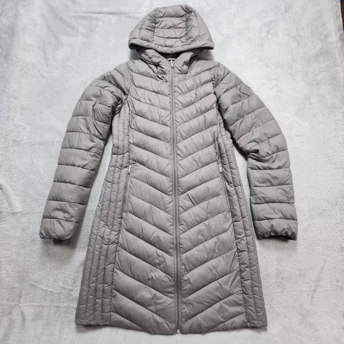 Hollister Puffer Coat Women's XS Gray Longline Hooded Chevron Quilted Winter Zip - Front