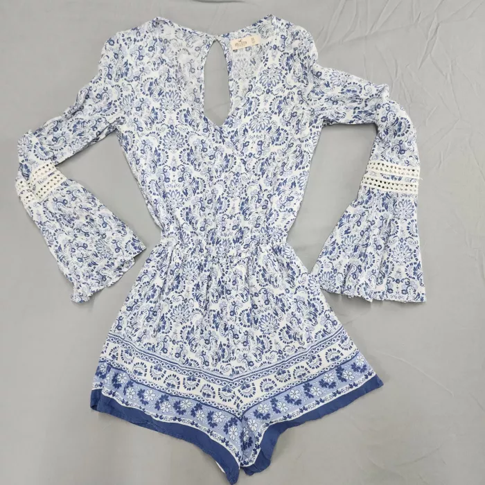 Hollister Romper Womens XS White Blue Floral Long Bell Sleeve V Neck Lace Trim - Front