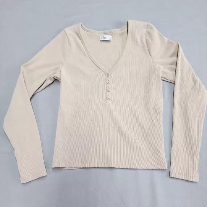 Hollister Womens L Beige Ribbed Knit Henley Top Long Sleeve V-Neck Stretch - Front