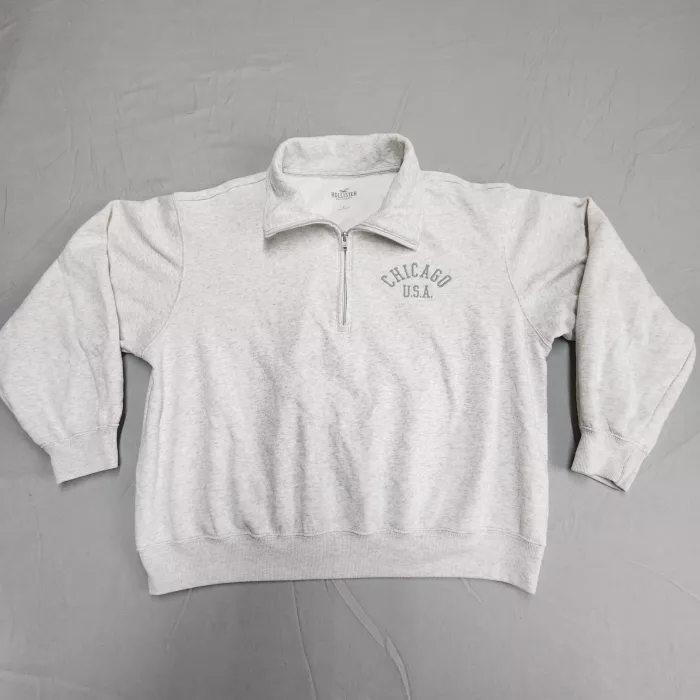 Hollister Womens L Gray Quarter Zip Sweatshirt Chicago USA Fleece Pullover - Front
