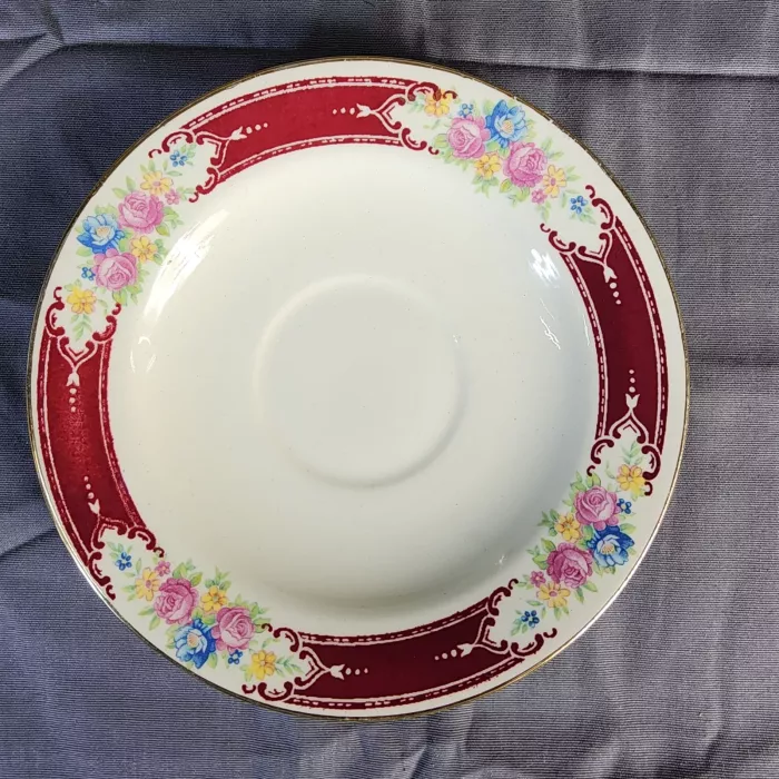 Homer Laughlin Floral Burgundy Border Ceramic Saucer 1949 Made in USA F49N6 - Front