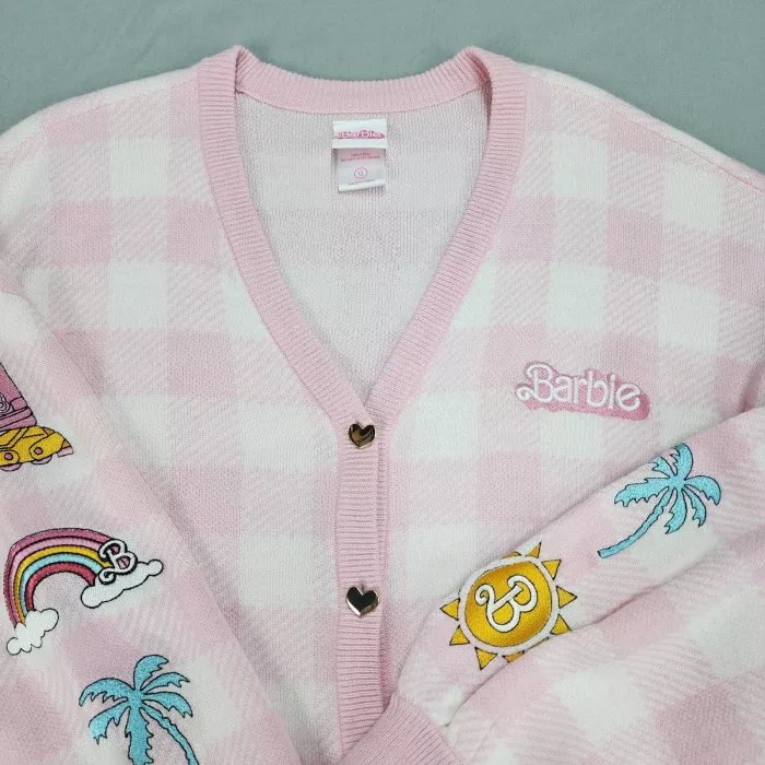 Hot Topic Barbie The Movie Pink Plaid V-Neck Cardigan Sweater Patches Size 0 - Main