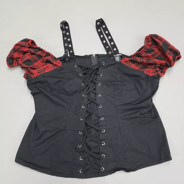 Hot Topic Size 2 Black Red Plaid Off Shoulder Corset Top Lace Up Grommet - Front