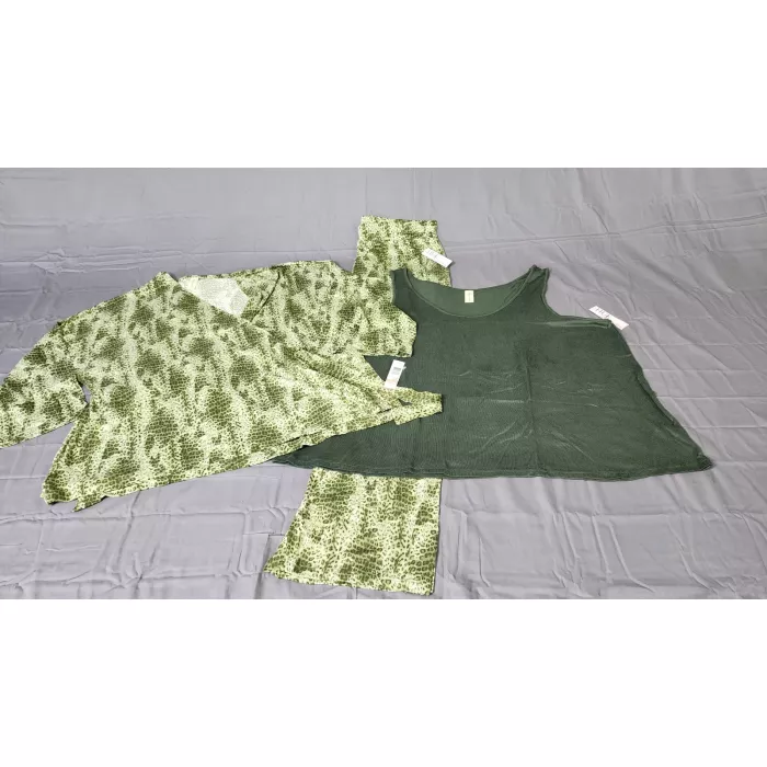 HUE Womens Plus 3X 3-Piece Pajama Set Olive Green Leopard Print Brushed Knit - Front