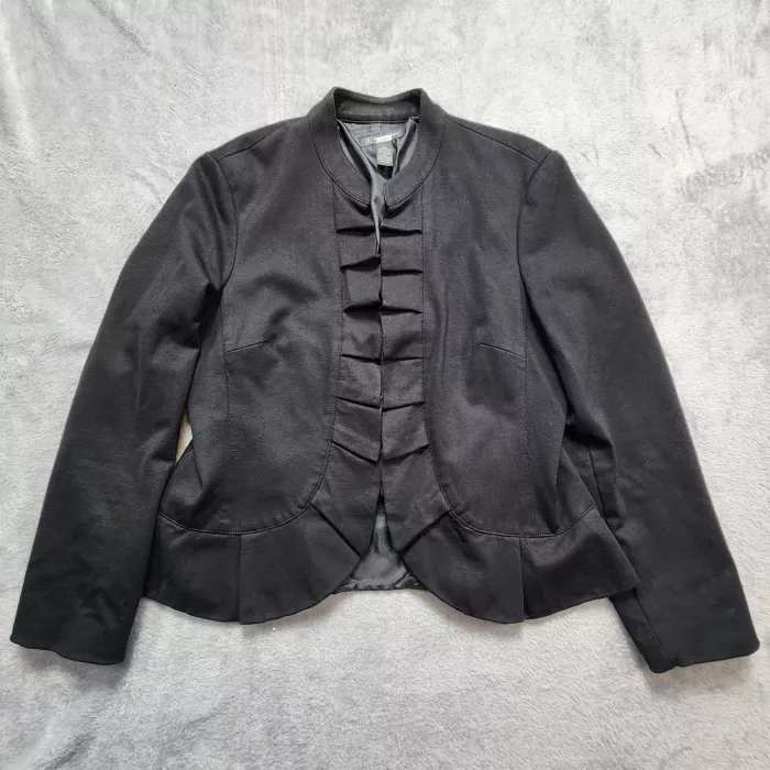 INC International Concepts Jacket Women's L Black Peplum Ruffle Blazer Stretch - Front
