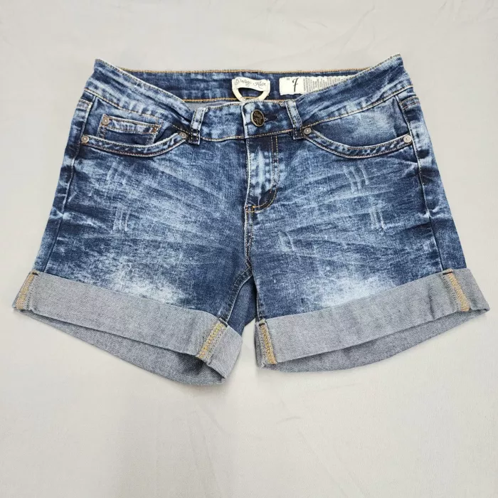 Indigo Rein Denim Shorts Womens Size 7 Blue Acid Wash Mid Rise Cuffed Stretch - Front