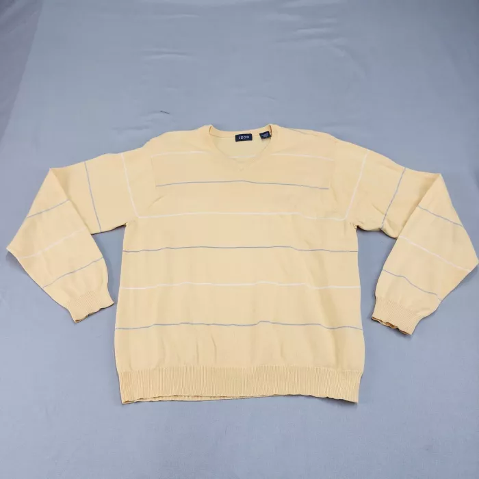 IZOD Mens M Sweater Yellow Striped V Neck Cotton Long Sleeve Pullover Japan - Front