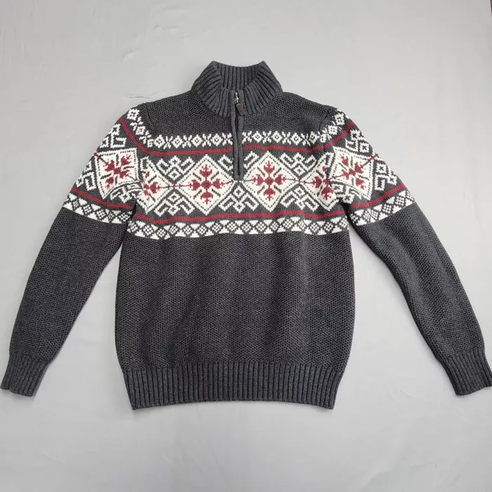 IZOD Mens Medium Charcoal Gray Fair Isle Quarter Zip Pullover Sweater Mock Neck - Front