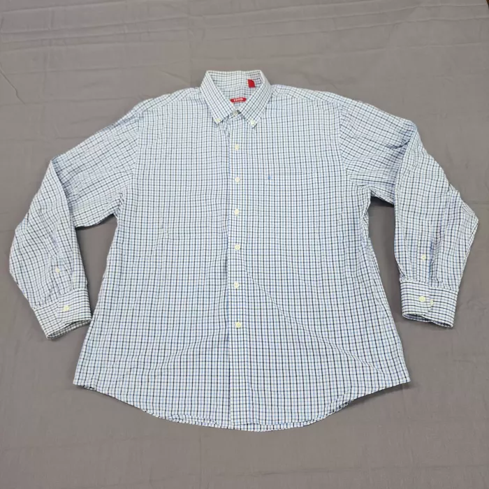 IZOD Mens XL Blue White Plaid Button Down Shirt Long Sleeve Cotton Pocket - Front