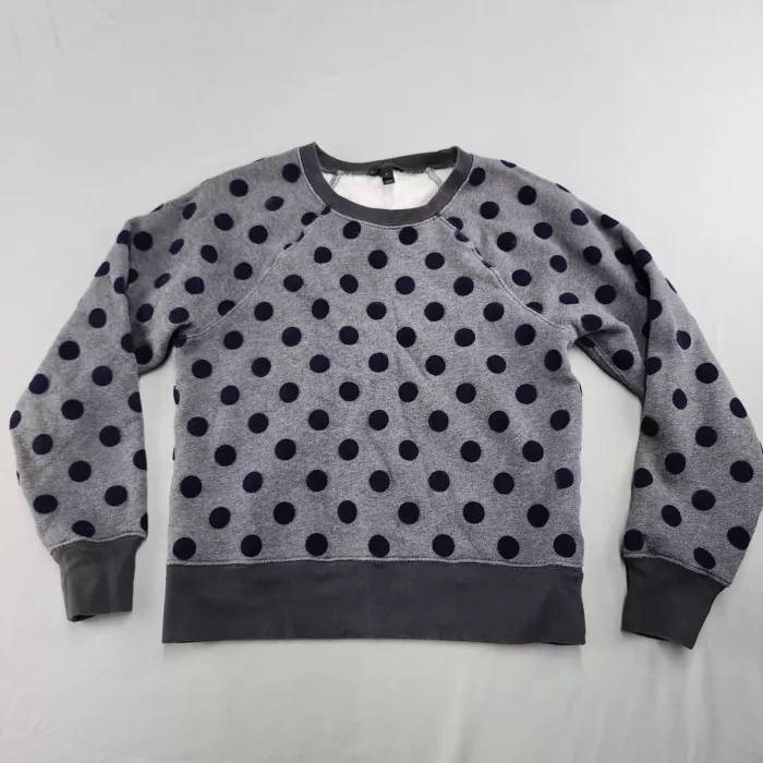 J.CREW Women's M Grey Navy Polka Dot Crew Neck Raglan Sweatshirt Cotton Blend - Front