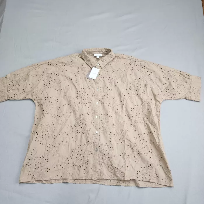 J.Jill Pure Jill Elements Eyelet Blouse Womens SP Petite Beige Cotton Top - Front