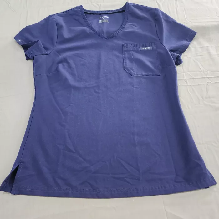 Jaanuu Women's S Navy Blue V-Neck Short Sleeve Stretch Medical Scrub Top - Front