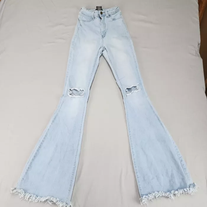 JC & JQ JEANS Women's S Blue Flared High Rise Distressed Raw Hem Stretch Jeans - Front