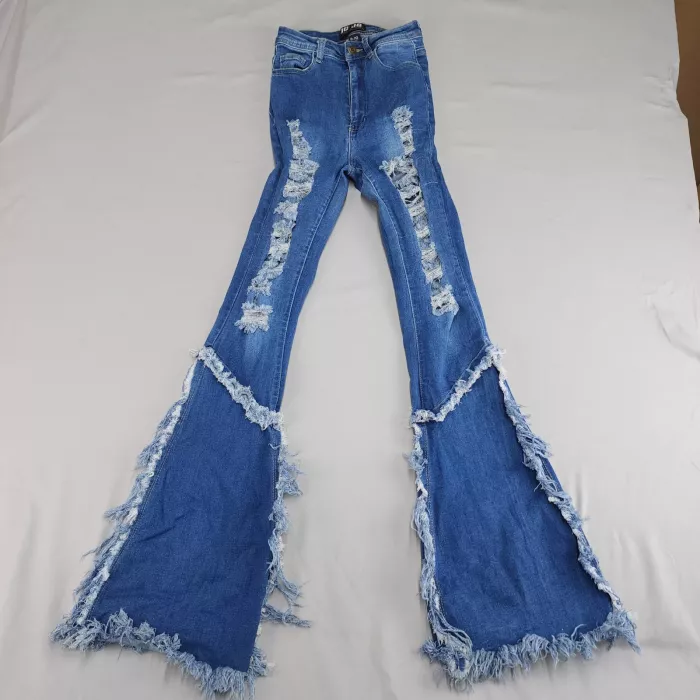 JC & JQ Women's S 22x32 Mid Rise Distressed Ripped Flare Bell Bottom Jeans Blue - Front