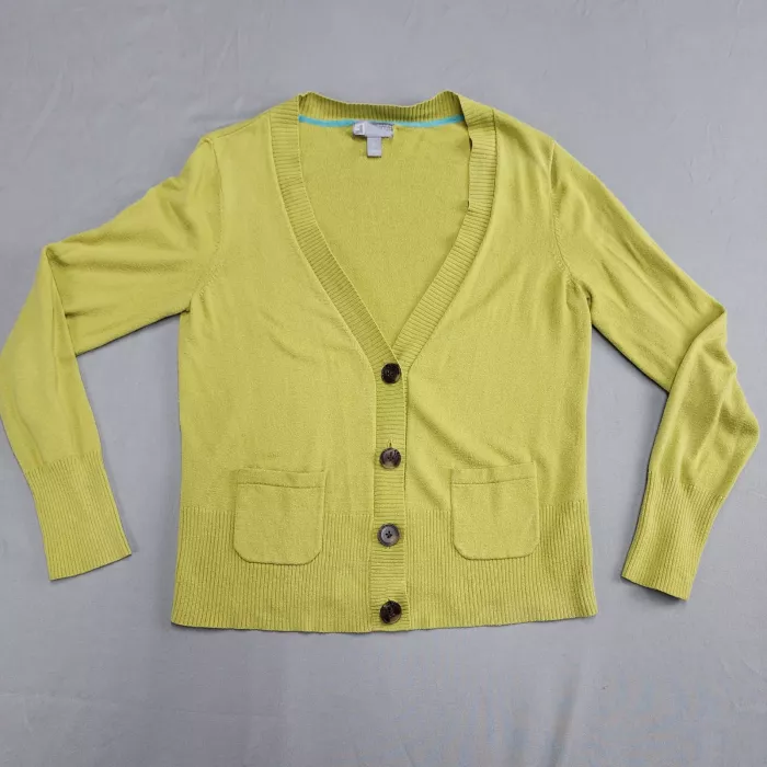 JCP Cardigan Sweater Womens L Green V-Neck Cotton Cashmere Blend Button Front - Front