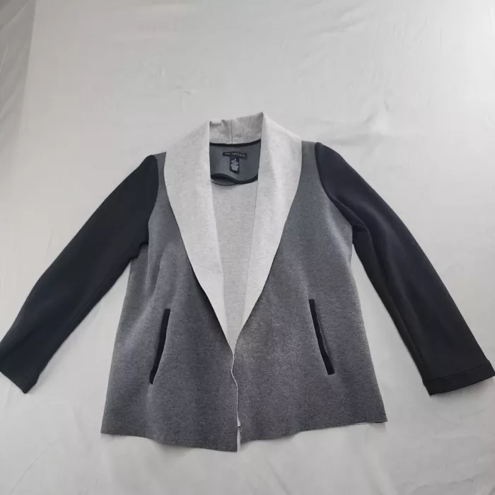 Joan Vass Womens M Gray Black Colorblock Knit Open Front Jacket Shawl Collar - Front