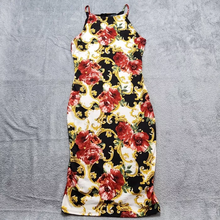 Joe & Elle Bodycon Dress Womens M Medium Black Floral Baroque Rose Stretch Midi - Front