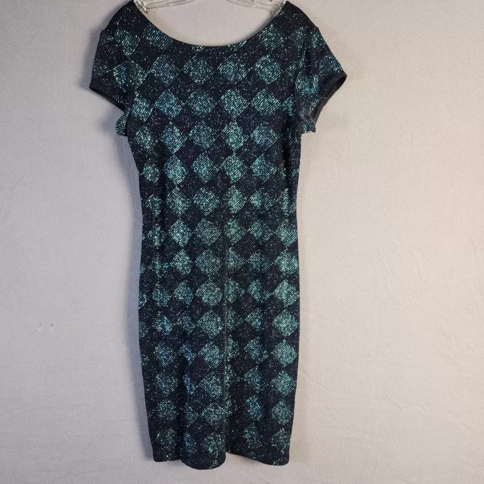 John K Roberts Size 12 Black Teal Geometric Metallic Scoop Back Midi Dress - Front