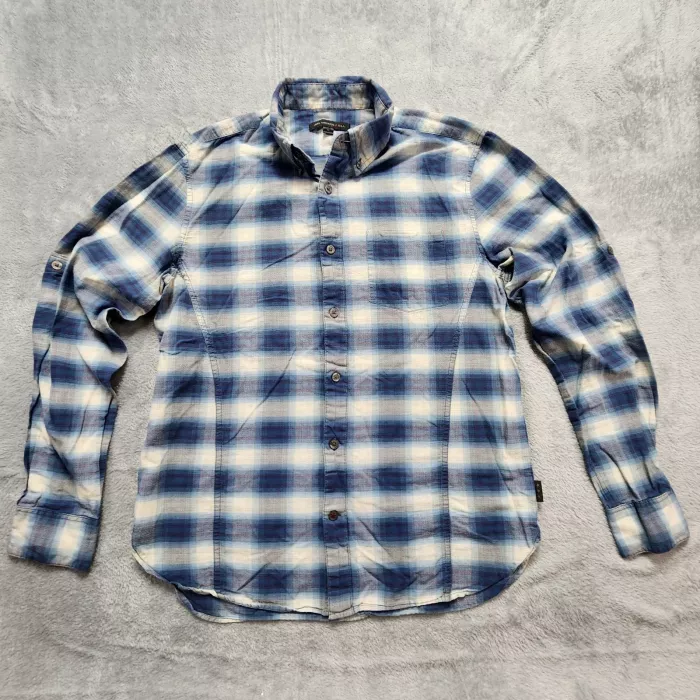 John Varvatos U.S.A. Button Up Shirt Men's Medium Blue Plaid Roll Tab Sleeve - Front