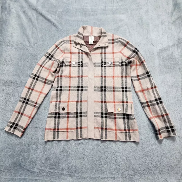 Joie Jacket Women's Large Beige Plaid Knit Utility Military Full Zip Mock Neck - Front