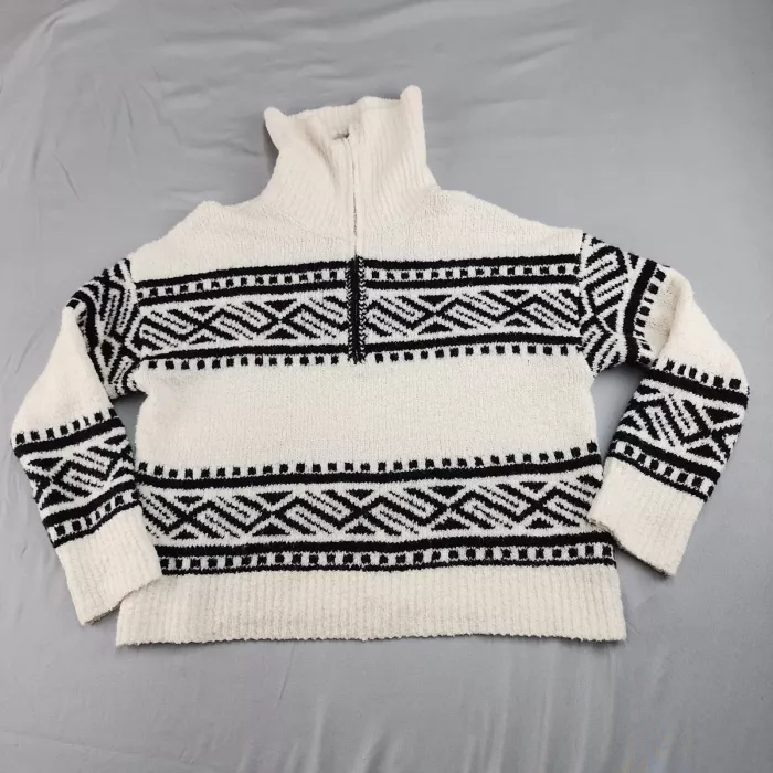 Joie Women's L Quarter-Zip Pullover Sweater Off-White Black Geometric Mock Neck - Front