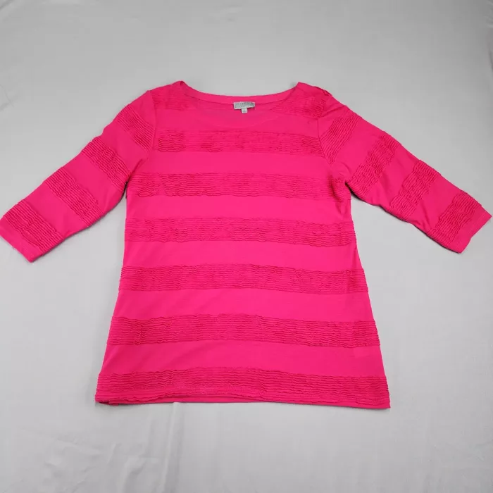 JOSEPH A. Boat Neck T-Shirt Women's L Fuchsia 3/4 Sleeve Textured Stripe - Front