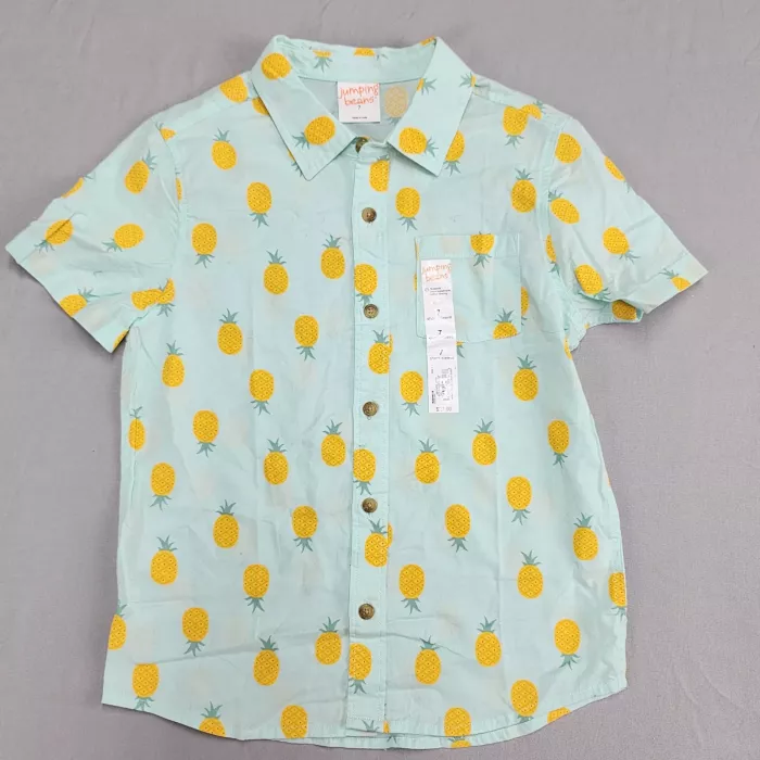 Jumping Beans Boys 7 Light Blue Pineapple Print Short Sleeve Button Up Shirt - Front