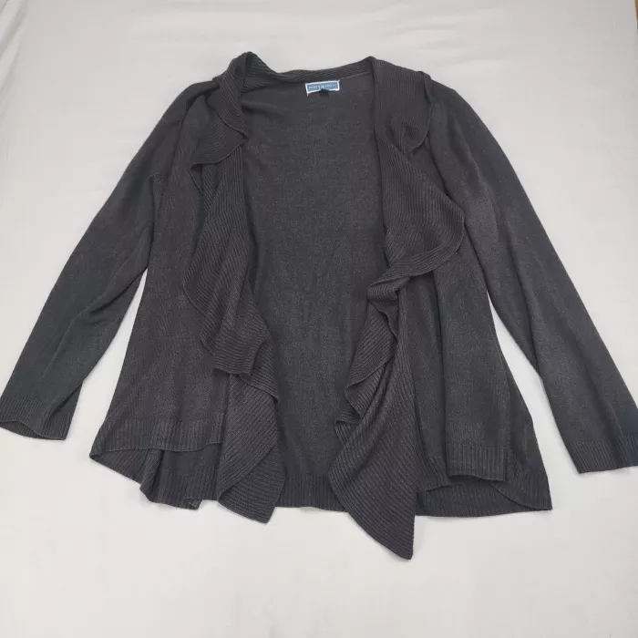 Karen Scott Women's 2X Cardigan Sweater Charcoal Gray Open Front Ruffle Cascade - Front