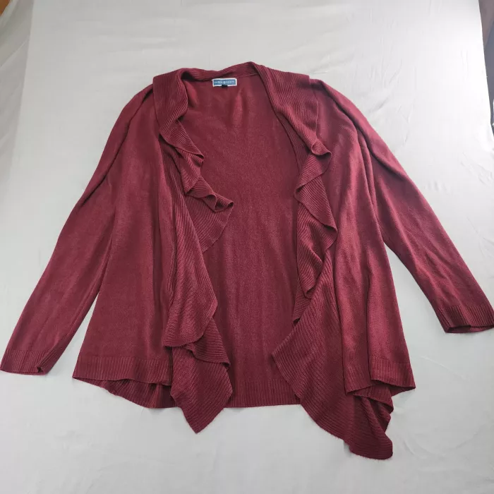 Karen Scott Womens 2X Plus Burgundy Ruffle Draped Open Front Cardigan Sweater - Front