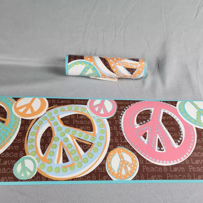 Kids Fine Wallpapers Peace Sign Border Multicolor Prepasted Vinyl Glitter New - Main