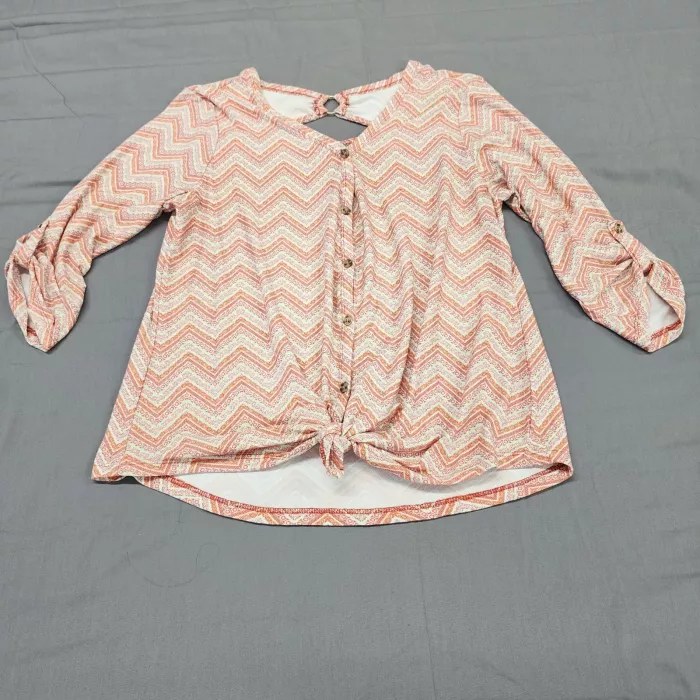 Kristin Nicole Womens L Orange Chevron Blouse Tie Front Keyhole 3/4 Sleeve - Front
