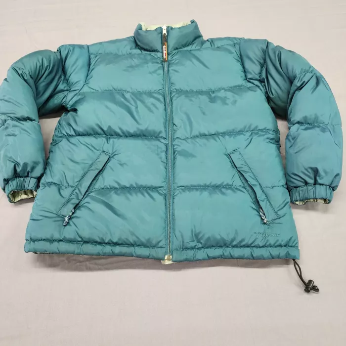 L.L.Bean Womens M Reversible Puffer Jacket Teal Mint Goose Down Full Zip - Front