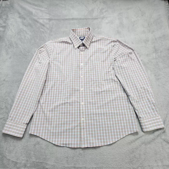Lands' End Button Up Shirt Men's L Beige Plaid Traditional Fit Stretch Spandex - Front