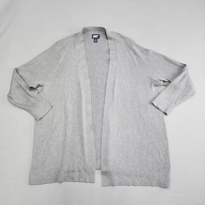Lands' End Cardigan Sweater Womens 2X Plus Gray Ribbed Open Front Cotton Blend - Front