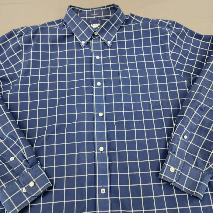 Lands' End Men's XL Traditional Fit No Iron Twill Shirt Blue Grid Long Sleeve - Main