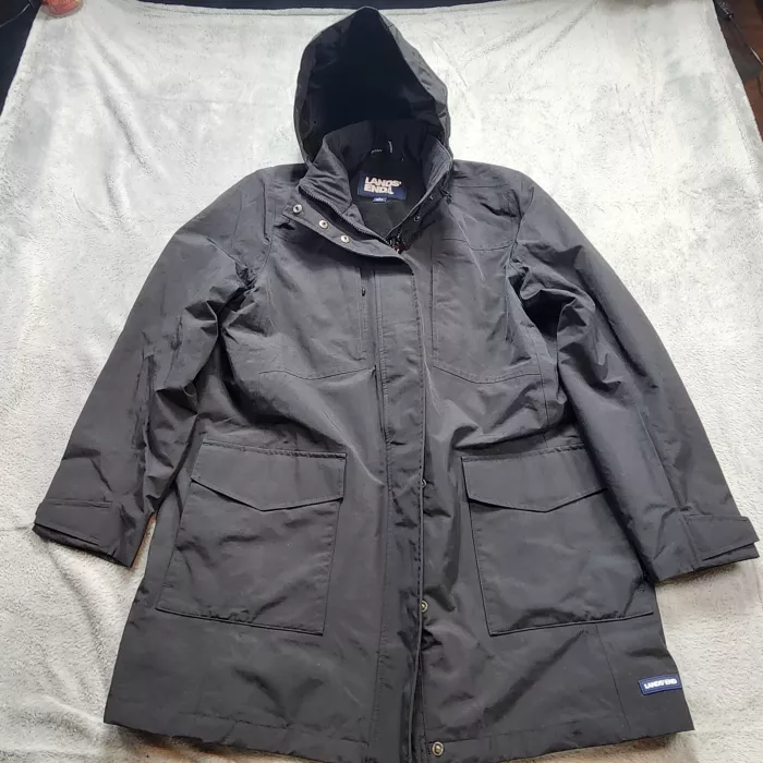 Lands' End Squall Parka Jacket Women's L 14-16 Black Hooded Fleece Lined Coat - Front