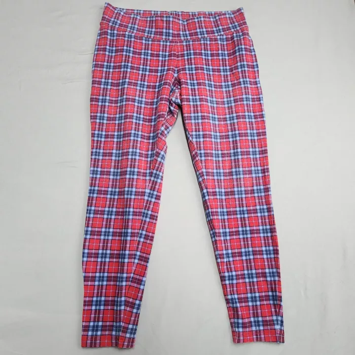 Lands' End Starfish Leggings Womens Medium Petite Plaid Red Navy Blue Stretch - Front