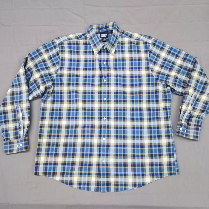 Lands End Traditional Fit Mens XL Blue Plaid No Iron Twill Button Down Shirt - Front