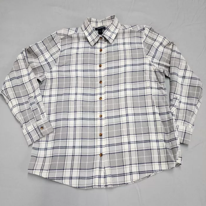 Lands' End Women's 14 Flannel Shirt Button Up Gray Plaid Cotton Long Sleeve - Front