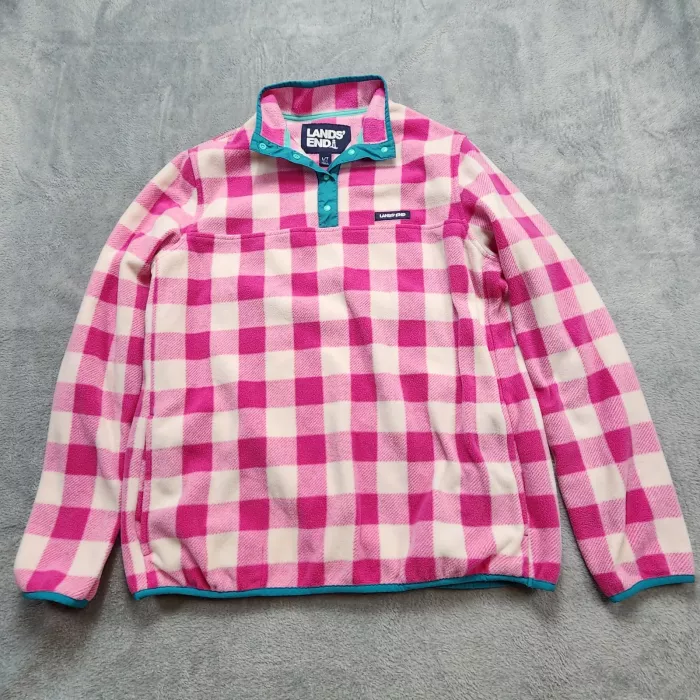 Lands' End Women's Fleece Pullover Jacket Large Tall L/T 14-16 Pink Plaid Snap - Front