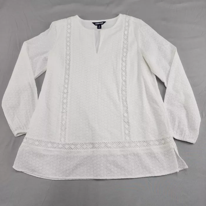 LANDS' END Women's M White Eyelet Tunic Blouse V-Neck Long Sleeve Broderie Angla - Front