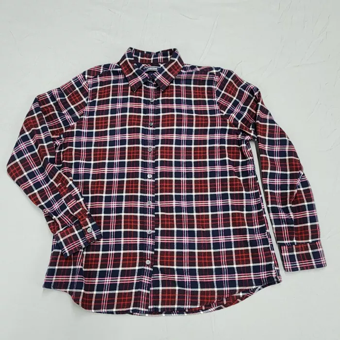 Lands' End Womens 14 Flannel Shirt Red Navy Plaid Long Sleeve Button Up Cotton - Front