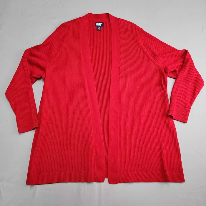 Lands' End Womens 2X Plus Red Open Front Cardigan Sweater Ribbed Cotton Blend - Front