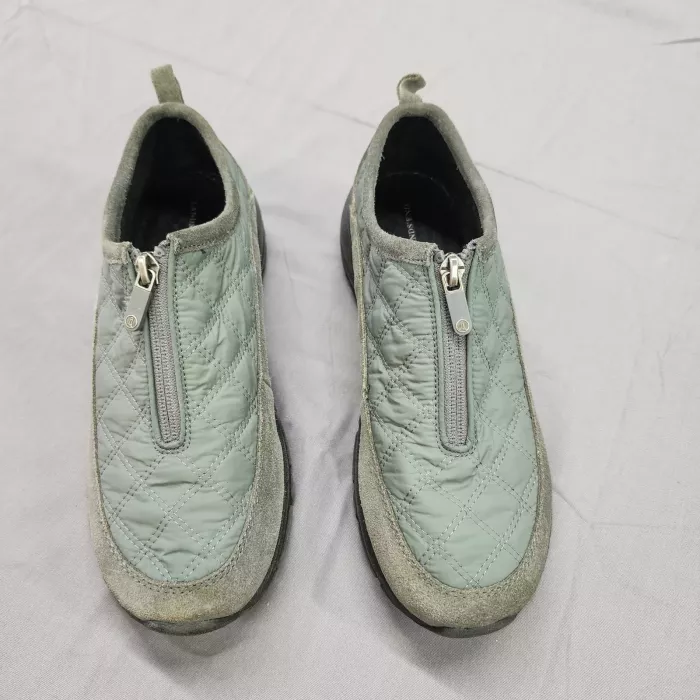 Lands' End Womens 8B Sage Green Quilted Suede Front Zip Slip-On Comfort Shoes - Front