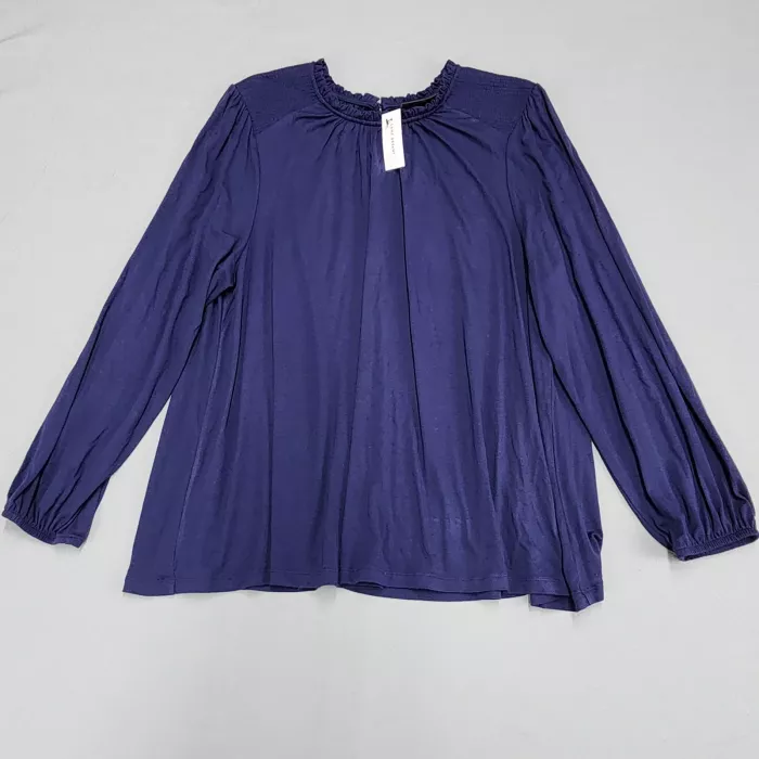 Lane Bryant Blouse Plus Size 18/20 Navy Blue Peasant Smocked Neck Long Sleeve - Front