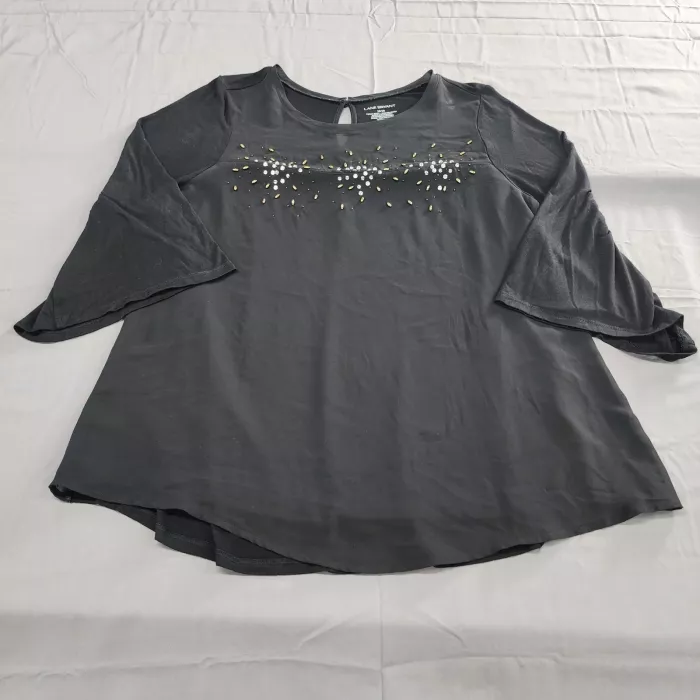 Lane Bryant Plus Size 18/20 Black Embellished Bell Sleeve Blouse Keyhole - Front