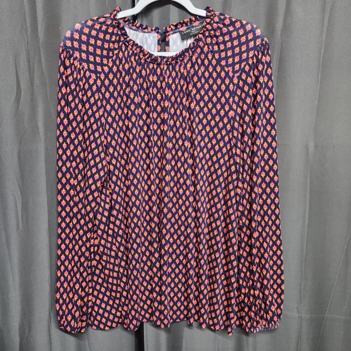 Lane Bryant Plus Size 18/20 Blouse Navy Blue Geometric Ruffle Long Sleeve Top - Front