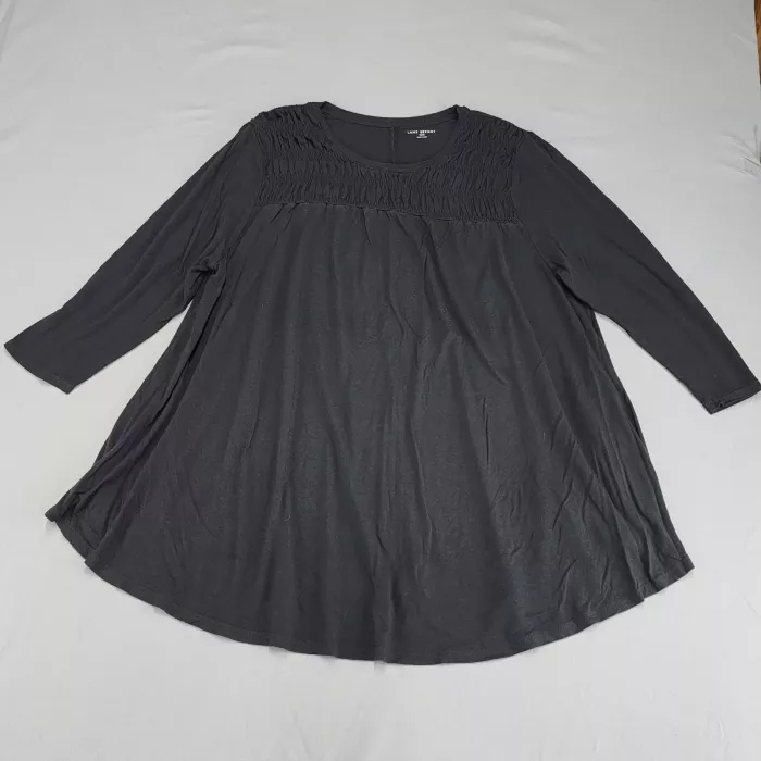 LANE BRYANT Plus XL Smocked Yoke Swing Tunic Top Charcoal Gray Long Sleeve - Front