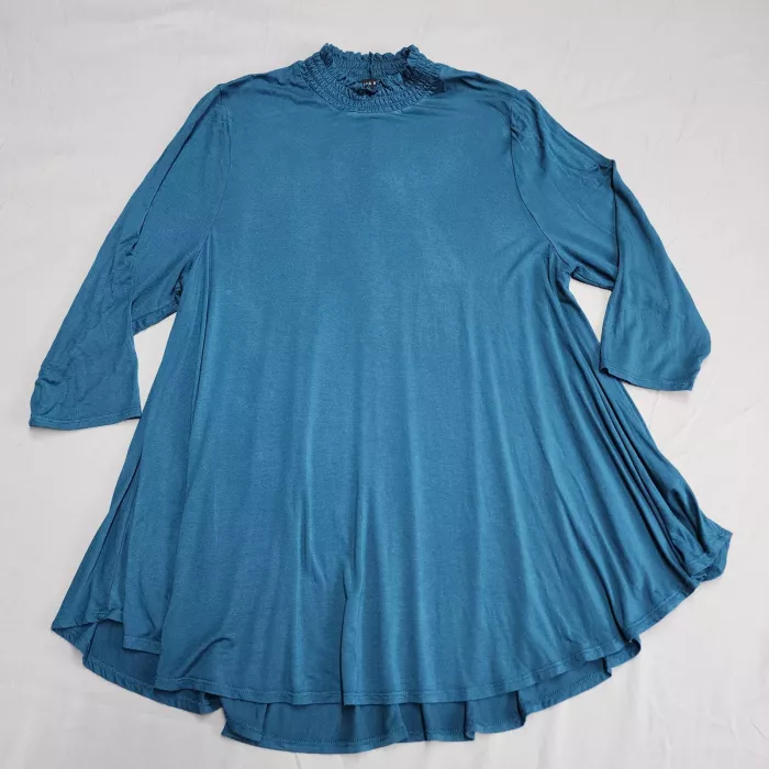 Lane Bryant Women's Plus 18/20 Teal Smocked Mock Neck Tunic Top 3/4 Sleeve - Front
